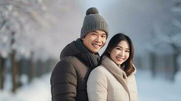 Portrait of a happy smiling asian couple against winter ambience background, background image, AI generated photo