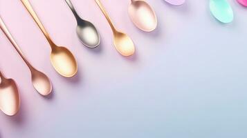 space for text on pastel background surrounded by spoons, background image, AI generated photo