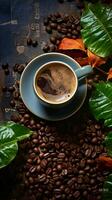 hot coffee and coffee beans in background with leaves, in the style of distressed and weathered surfaces, vertical format, background image, AI generated photo