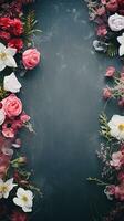 space for text on textured background surrounded by flowers, vertical format, background image, AI generated photo