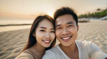 selfie de un contento asiático Pareja en contra playa ambiente fondo, antecedentes imagen, ai generado foto