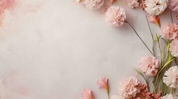 space for text on textured background surrounded by Carnation flowers from top view, background image, AI generated photo