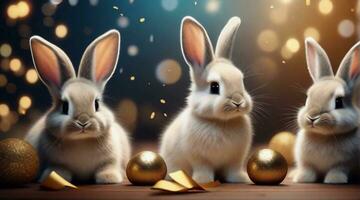 Cute baby bunnies posing against New Year's eve ambience background with space for text, background image, AI generated photo