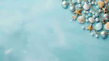 space for text on light blue textured background surrounded by decorative jewelries and diamonds from top view, background image, AI generated photo