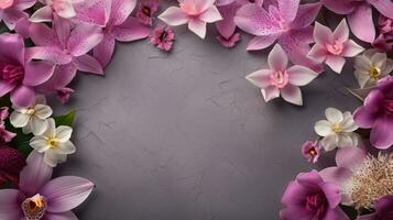 space for text on textured background surrounded by lily and orchid flowers from top view, background image, AI generated photo