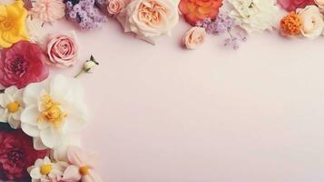 space for text on soft pastel background surrounded by colorful flowers, background image, AI generated photo