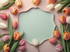 Pastel background surrounded by beautiful decorative tulip flowers, background image, generative AI photo