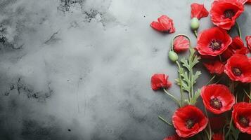 space for text on textured background surrounded by Poppy flowers from top view, background image, AI generated photo