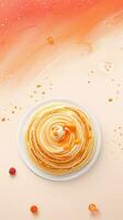 Pastel background surrounded by delicious pancake from top view, background image, vertical format, generative AI photo