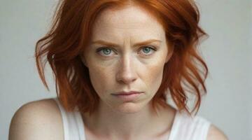 Portrait of a red hair woman with a deep sad expression  against white background, background image, AI generated photo