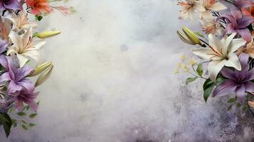 space for text on textured background surrounded by lily flowers and florals, background image, AI generated photo