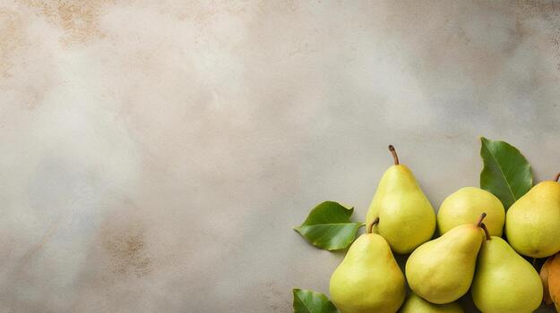 space for text on textured background surrounded by fresh pears, background image, AI generated photo