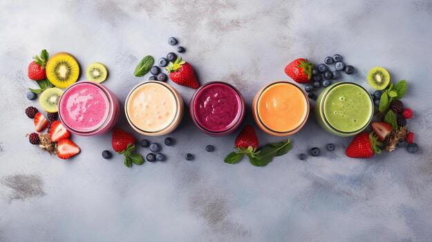 space for text on textured background surrounded by delicious smoothies from top view, background image, AI generated photo