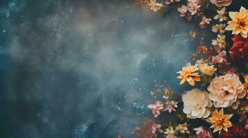 space for text on textured background surrounded by colorful flowers, background image, AI generated photo