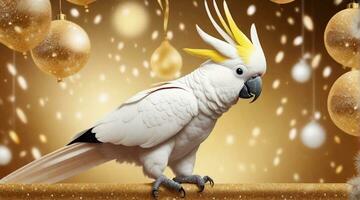 A cute cockatoo playing against New Year's eve ambience background with space for text, background image, AI generated photo