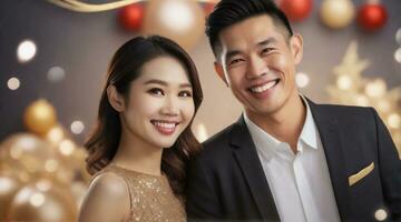 Portrait of a happy smiling asian couple against new year party background, background image, AI generated photo