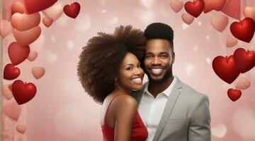 retrato de un contento afroamericano Pareja en contra San Valentín día ambiente fondo, antecedentes imagen, ai generado foto