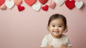 Cute smiling little toddler girl against valentine's day ambience background with space for text, children background image, AI generated photo