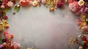 space for text on carpet textured background surrounded by various colorful flowers and florals from top view, background image, AI generated photo