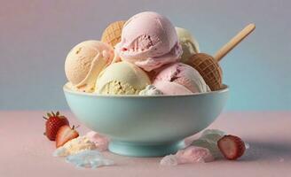 A pastel-hued bowl of ice cream with space for text, background image, AI generated photo