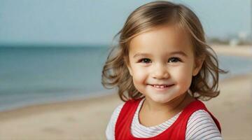 Smiling toddler girl wearing red shirt against beach ambience background with space for text, children background image, AI generated photo