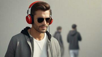 Man wearing sunglasses and headphone with space for text, background image, AI generated photo