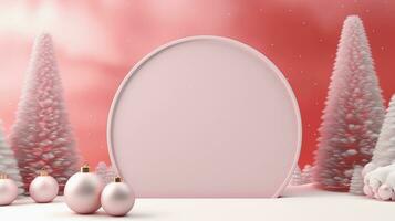 space for text on pastel background surrounded by christmas tree, background image, AI generated photo