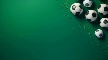 space for text on green textured background surrounded by soccer balls from top view, background image, AI generated photo