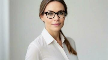 Beautiful female teacher wearing glasses against white background with space for text, background image, AI generated photo