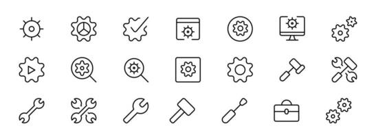 Gear, cogwheel icons set. App settings button, slider, wrench tool, fix concept minimal vector illustrations. Simple flat outline signs for web interface. Editable Strokes