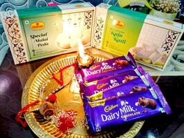 Raksha Bandhan - Elevated view of traditional plate Thali .Stock Photo. photo