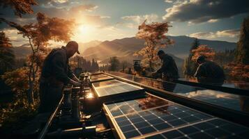 Male workers installing solar panels at a solar power plant, concept green energy and electricity, environmental protection, alternative energy and ecology photo