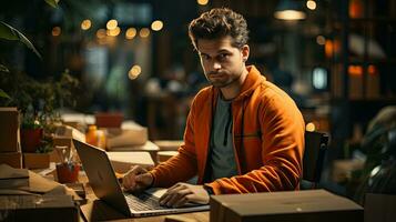 Male IT specialist freelancer working remotely at a laptop, concept of digital professions and success business and career photo