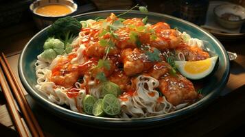 Traditional japanese udon noodle bowl with crispy fried tofu, meatballs, wakame seaweed and onion spring roll photo