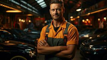 Smiling male auto repair shop worker auto mechanic professional at service station photo