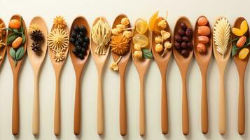 Forks and spoons with various tasty pasta on white background, flat lay. Space for text photo