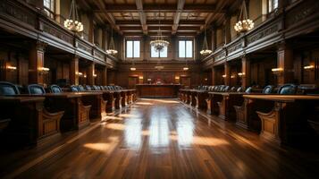 Courtroom for judicial hearings, concept of justice and compliance with laws, legislative power and courthouse photo