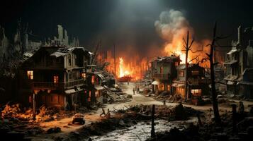 Modern city destroyed by explosions, war destruction in combat, broken concrete buildings and burning city photo
