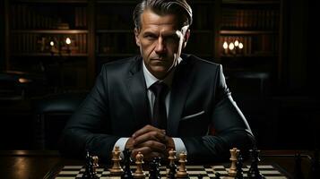 un hombre en un traje a un tablero de ajedrez. concepto ajedrez juego y intelectual duelo competencia. estrategia ,trabajo en equipo, administración o liderazgo foto