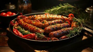 Delicious grilled sausages with tomatoes in a frying pan photo