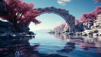 Minimalist 3D Arch with Clouds and Tree Silhouettes AI generated photo