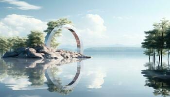 Minimalist 3D Arch with Clouds and Tree Silhouettes AI generated photo