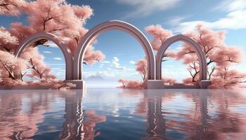 Minimalist 3D Arch with Clouds and Tree Silhouettes AI generated photo