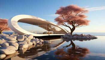 Luminous Minimalism 3D Arch, Trees, and Clouds AI generated photo