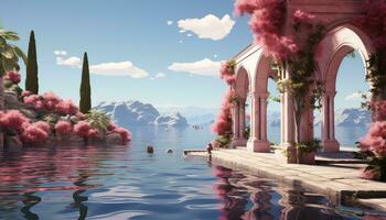 Luminous Minimalism 3D Arch, Trees, and Clouds AI generated photo