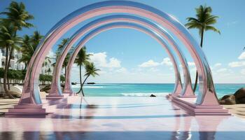 Luminous Minimalism 3D Arch, Trees, and Clouds AI generated photo