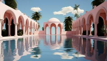 Luminous Minimalism 3D Arch, Trees, and Clouds AI generated photo