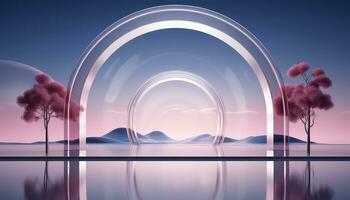 Cloudy Minimalist Stage with 3D Arch and Trees AI generated photo