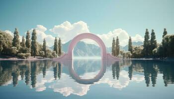 Cloudy Minimalist Stage with 3D Arch and Trees AI generated photo