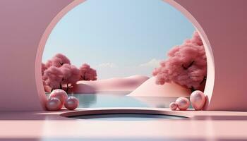 Cloudy Minimalist Stage with 3D Arch and Trees AI generated photo